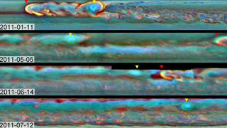 In 2013, the leading edge of a storm wrapped around the entire planet of Saturn, eventually catching its tail.